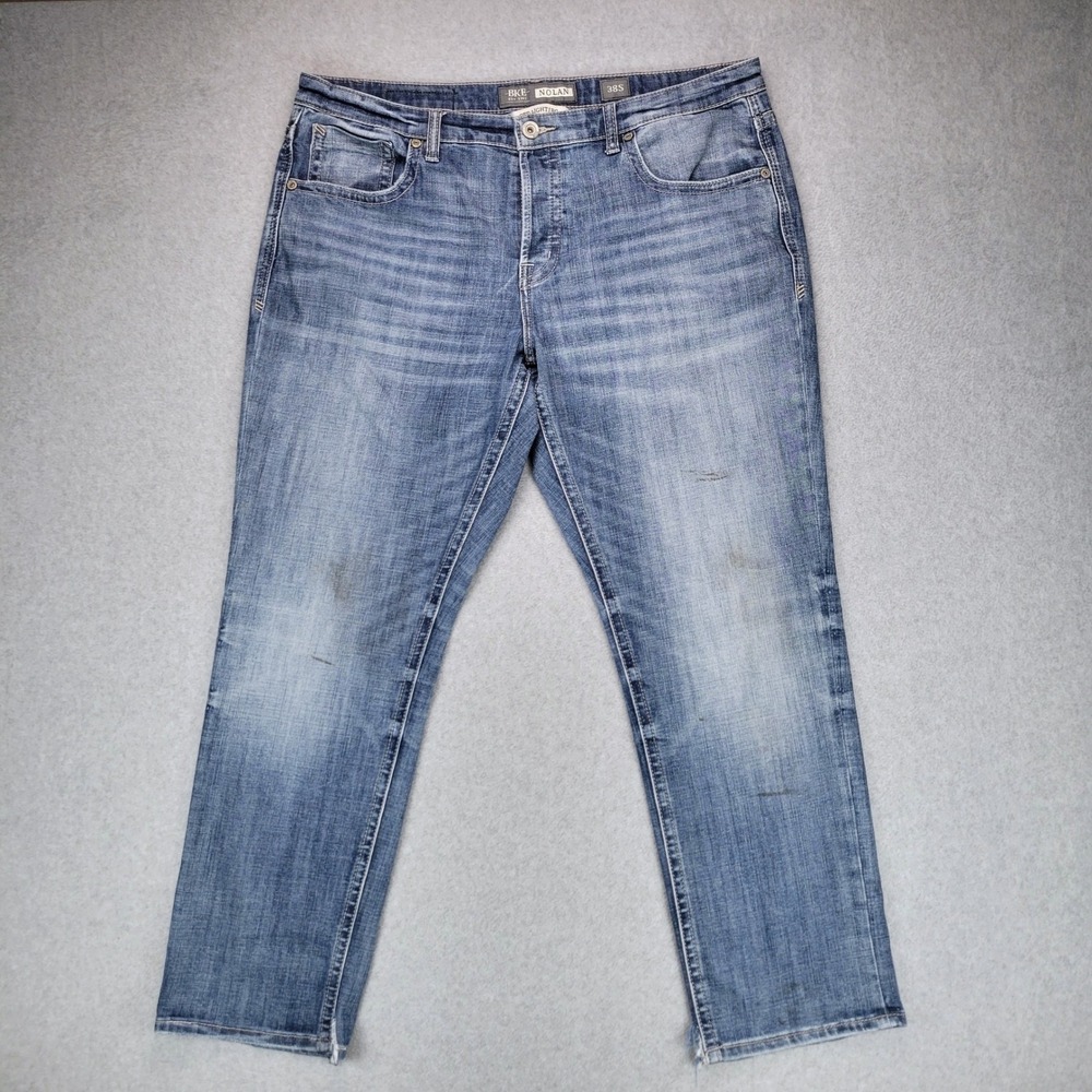 BKE Nolan Straight Leg Jeans Mens 38S Blue Medium Wash Distressed Stained